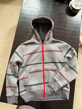 Kids Grey Hooded Zip Jacket with Red Stripe